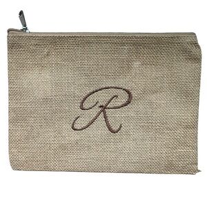 Home Essentials Tan Burlap Pouch Initial R Embroidered Zip Pencil Cosmetic Bag